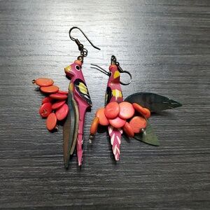 Vintage Multicolor Parrot Earrings Tropical Island Birds Artsy Artisan Wood Fun